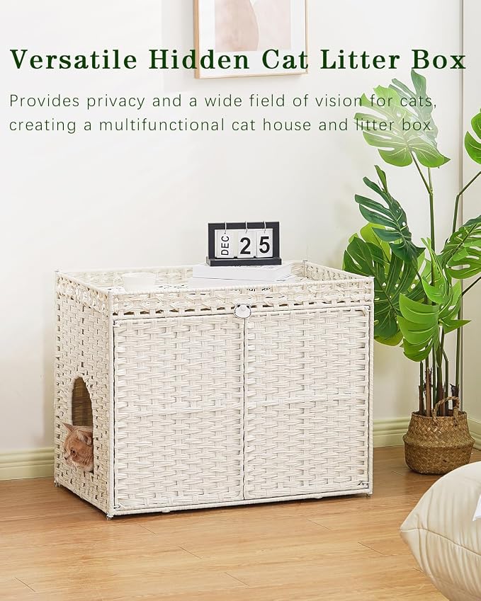 Cat Litter Box Enclosure Furniture, Handwoven Rattan Hidden Litter Box - Image 7