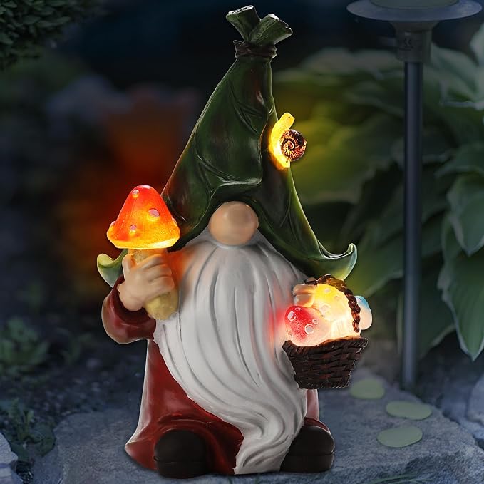 Gnome Solar Garden Statue with 3 LED Lights, Mushroom-Picking Gnome Statue by ZhiYo-GD