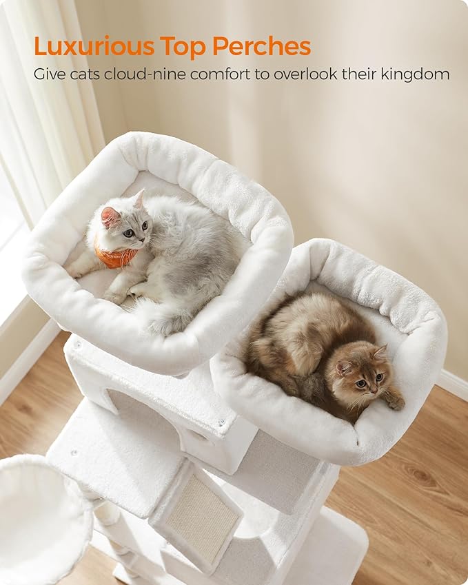 Feandrea Cat Tree, 81.1-Inch Large Cat Tower, 2 Perches, 2 Caves, Cream White - Image 3