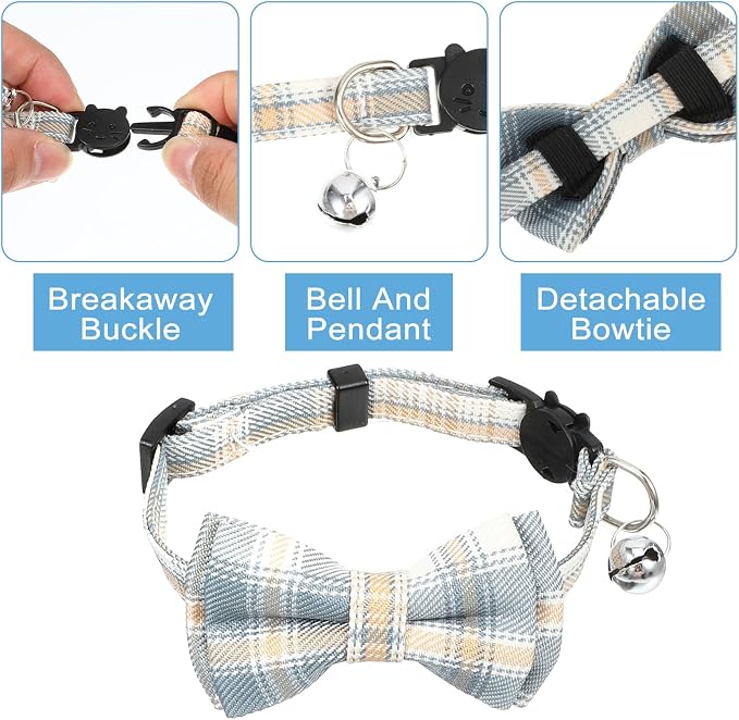 3pcs Bow Tie Cat Collar with Bells, Breakaway Bowtie Plaid Cat Collar, Soft - Image 6