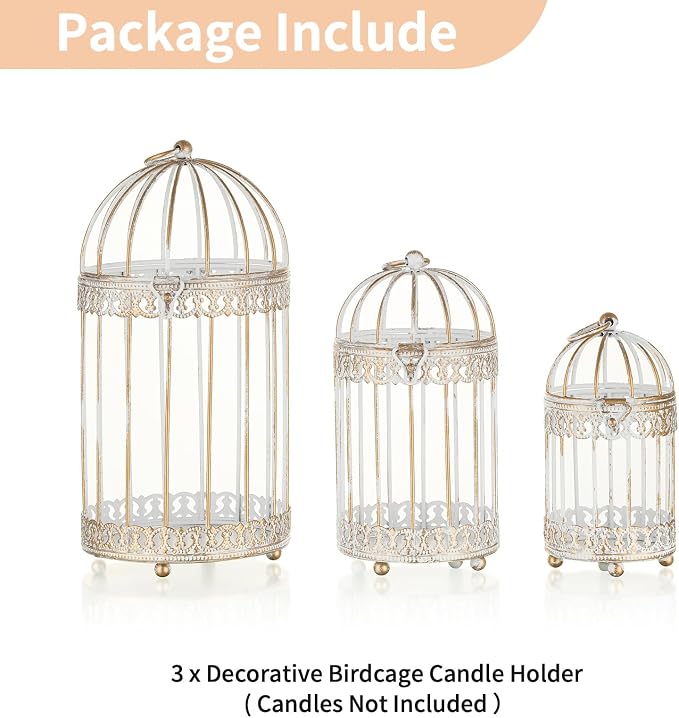 NUPTIO Decorative Candle Lanterns White: 3 Pcs Distressed White Metal Bird Cage - Image 7