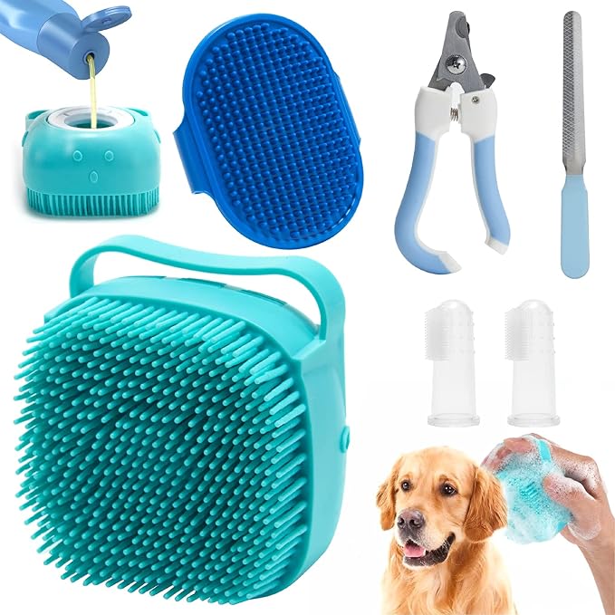 6Pcs Silicone Pet Grooming Set: Bath Massage Dispenser Brush, Finger Toothbrush by WOBEVB