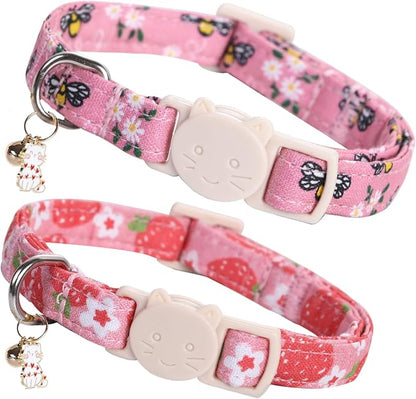 Elegant little tail 2 Pack Cat Collar-Pink Print Cotton Breakaway Cat Collars by Elegantlittletail