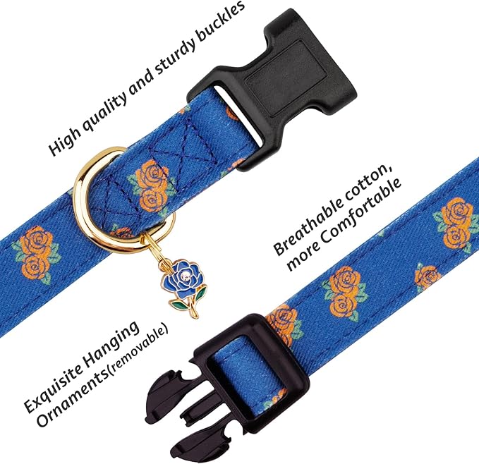 Cotton Handmade Dog Collar Cute and Distinctive Patterns Blue Rose - Image 2