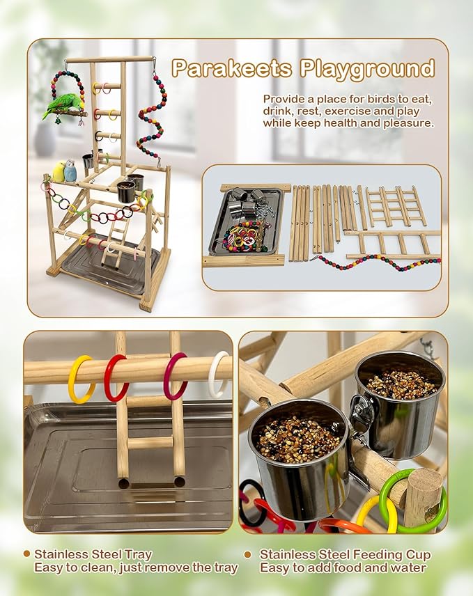 Bird Play Stand, Large Parakeet Playground, Natural Wood Parrot Perch Stand - Image 5