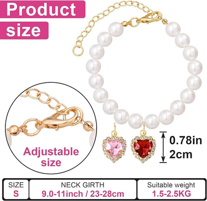 2pcs Cat Pearl Collar with Heart Pendant, Cute Pearl Pet Necklace in Small - Image 2