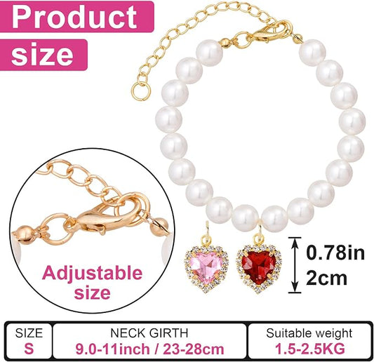 2pcs Cat Pearl Collar with Heart Pendant, Cute Pearl Pet Necklace in Small - Image 2
