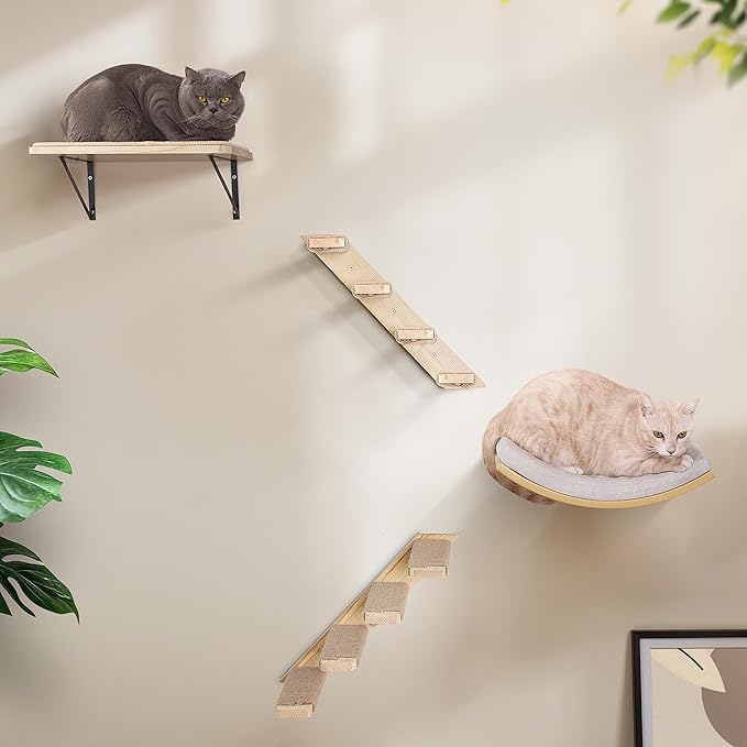 Cat Wall Stairs and Wall Shelves, 4 Piece Wood Cats Furniture Set, Padded - Image 5