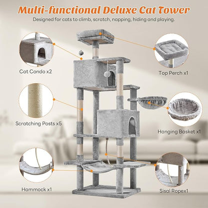 Large Cat Tree 66 Inch, Sisal Scratching Posts and Hammock, Pet Play House - Image 4