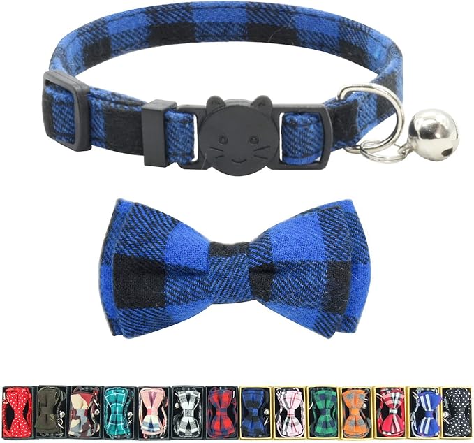 Cat Collar Breakaway with Bell and Bow Tie, Plaid Design Adjustable Safety by Ximipet