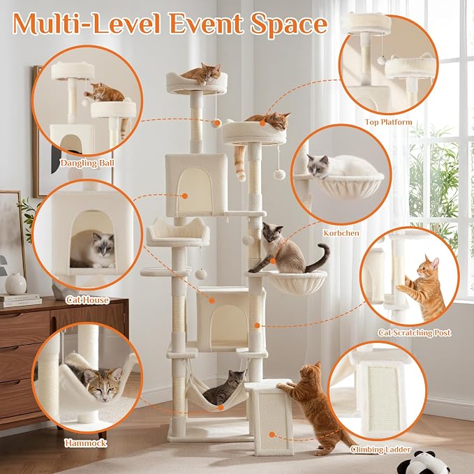 Large Cat Tree 75 Inch, Sisal Scratching Posts Board and Hammock, Pet Play House - Image 3