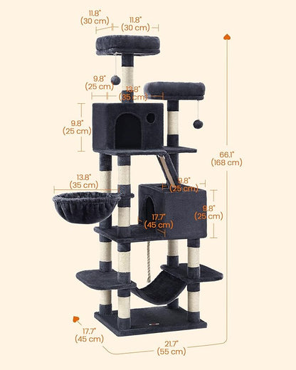 Feandrea Cat Tree, 66.1-Inch Large Cat Tower, 2 Perches, 2 Caves, Smoky Gray - Image 5