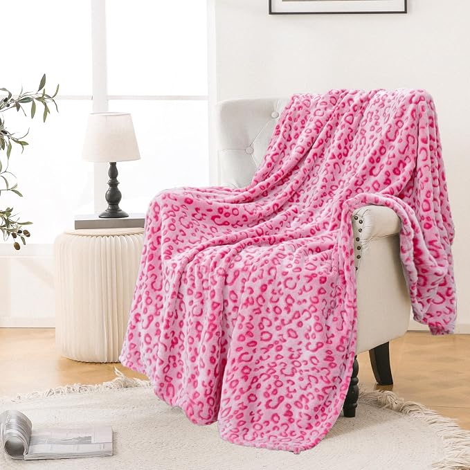 Bnuitland Pink Leopard Print Flannel Throw Blanket, 300 GSM Double Sided Fuzzy by BNUITLAND
