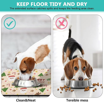 Christmas Dog Food & Water Mat, Paw Prints Santa Claus Snowman Xmas Pet Feeding - Image 5