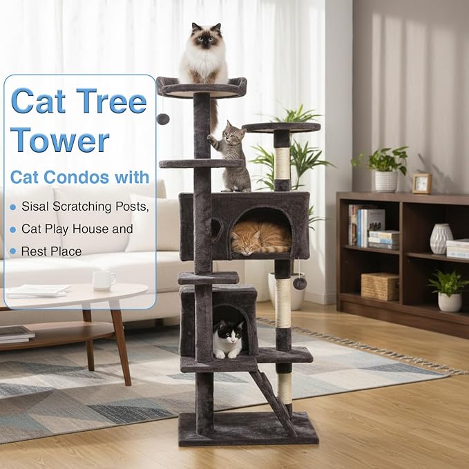 FDW | 54" Cat Tree Tower | Purple Gray | Multi-Level Indoor Activity Center - Image 2