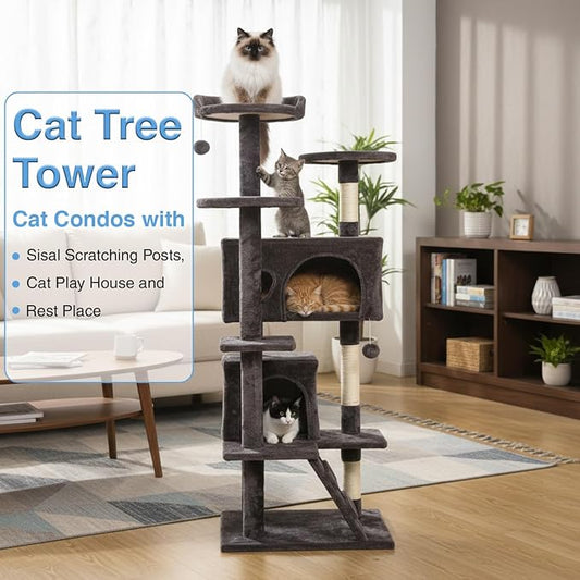 FDW | 54" Cat Tree Tower | Purple Gray | Multi-Level Indoor Activity Center - Image 2