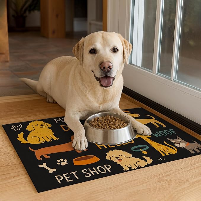 Cute Happy Dog Pattern Design Pet Food Mat 20" x 12" Fun Easy Clean Pet Feeding - Image 4