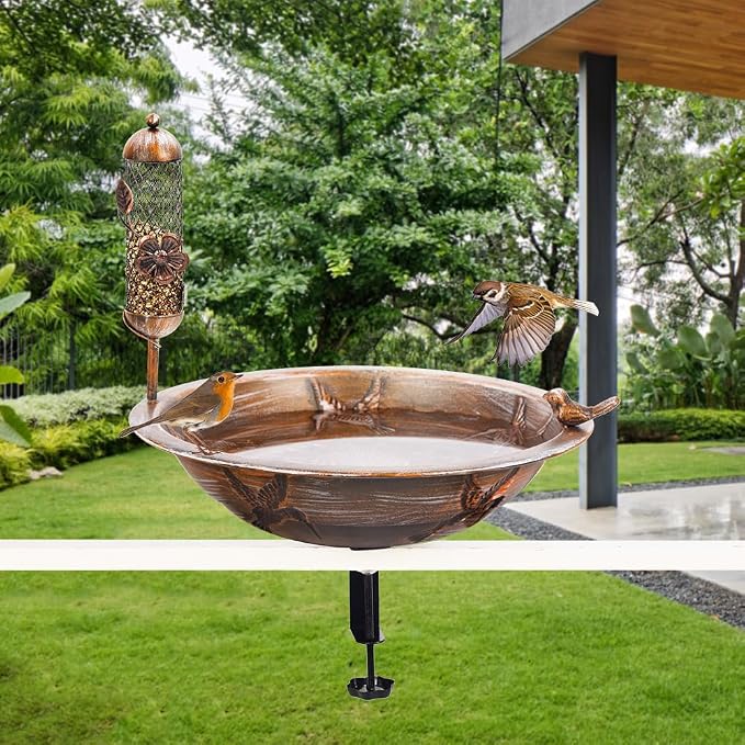 DREAMSOUL Deck Bird Bath with Feeder, Metal Birdbath Bowl - Image 9