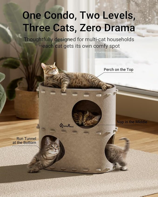 DownyPaws Cat House for Indoor Cats, 2-Storey Foldable Cat Bed Cave, Felt Cats - Image 2