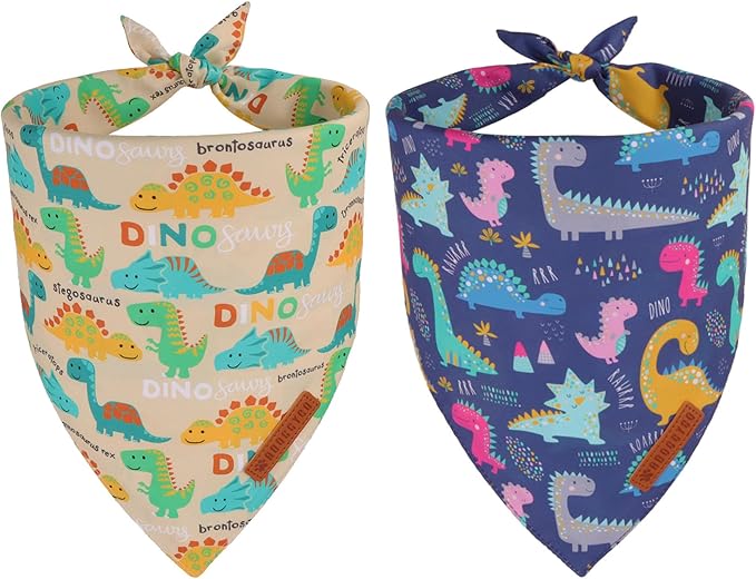 ADOGGYGO Dinosaur Dog Bandanas 2 Pack, Reversible Colorful Animal Pet Scarf by ADOGGYGO