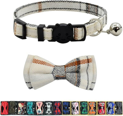 Cat Collar Breakaway with Bell and Bow Tie, Plaid Design Adjustable Safety by Ximipet