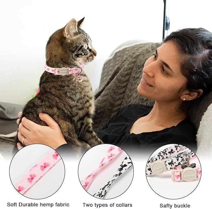 2 Pack Cotton Breakaway Cat Collar Pink and Black Heart Shaped Pendant Cute - Image 2