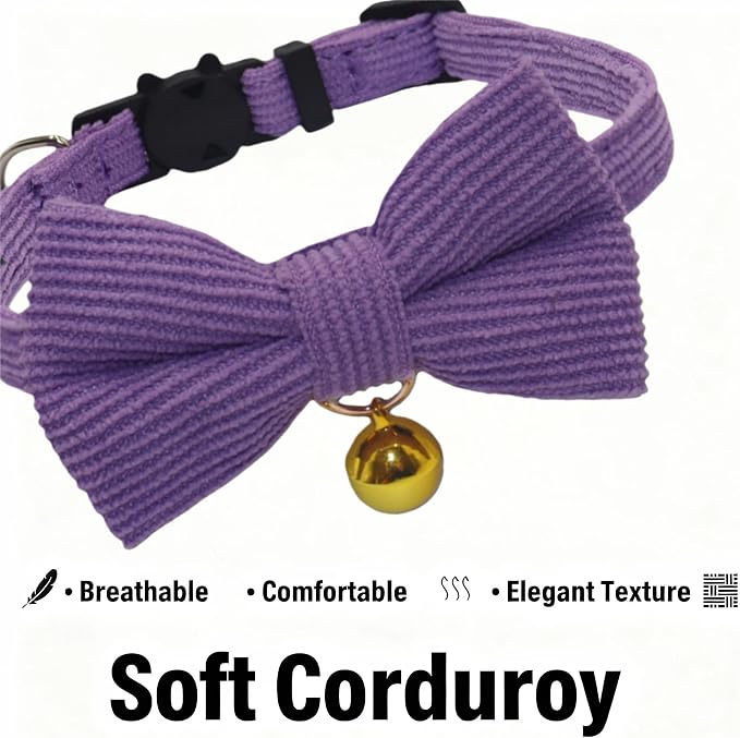 THAIN Cat Collar with Bow Tie and Bell, Breakaway Adjustable Cute Soft Corduroy - Image 2