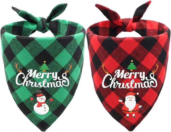 Christmas Dog Bandanas 2PCS-Small, Classic Plaid Triangle Holiday Scarf by CozyHaus