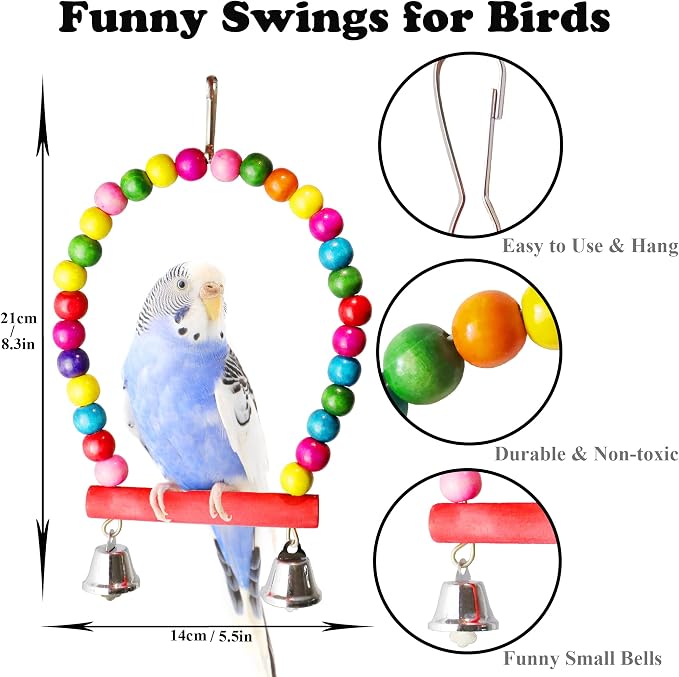 8 Pcs Parakeet Cockatiel Bird Toys, Parrots Cage Accessories Swing Wooden Perch - Image 2