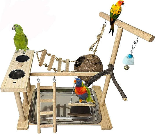 Parrots Playground Bird Play Stand Natural Wood Parrot Perch Gym Playpen by Tfwadmx