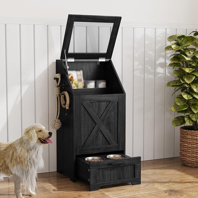 Dog Feeding Station with Storage Cabinet and 2 Elevated Dog Bowls, Hidden Pet by Unknown