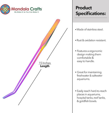 Mandala Crafts 15 Inches Rainbow Stainless Steel Curved Aquarium Tweezers - Image 3