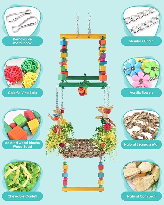 Bird Hammock Toys Parakeet Perches Swing, 3in1 Detachable Parrot Cage - Image 4