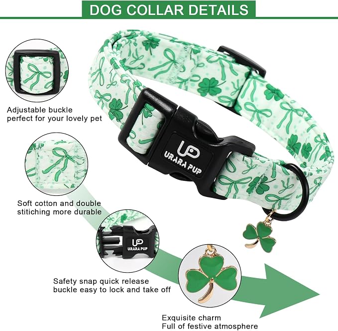 St. Patrick's Day Dog Collar, UP URARA PUP Shamrock Adjustable Pet Collar - Image 3