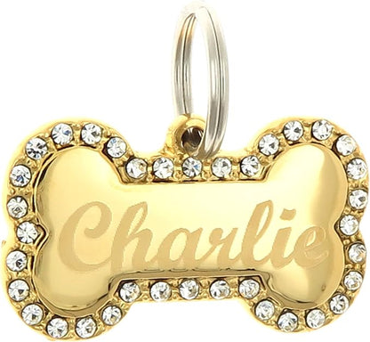 Custom Engraved Personalized Gold-Plated Bone Shape w/Clear Rhinestones Dog Pet by Yippo+Accessories