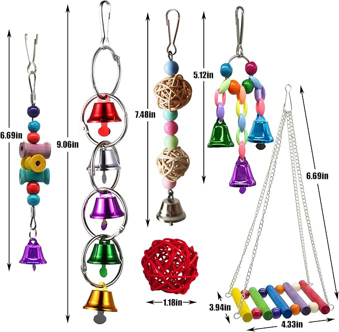 Hamiledyi Bird Parrot Swing Chewing Toy Set 15PCS Wooden Hanging Bell - Image 6