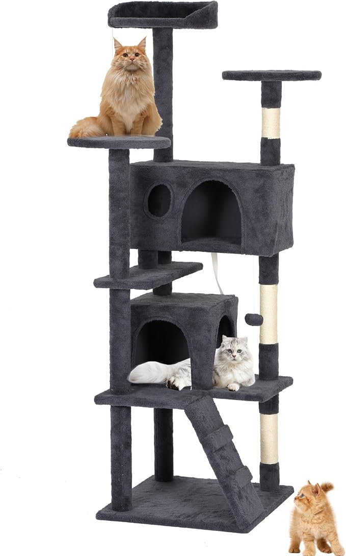 BestPet | 62" Cat Tree Tower | Dark Gray | Sturdy, Hanging Cat Toys, by BestPet
