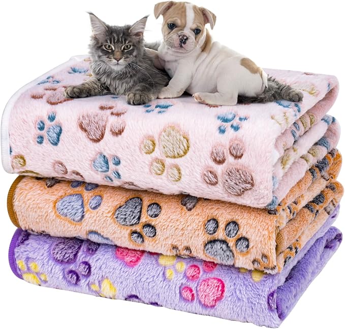 Dono 1 Pack 3 Dog Blankets for Small Dogs, Soft Fluffy Paw Print Pattern Fleece by Dono