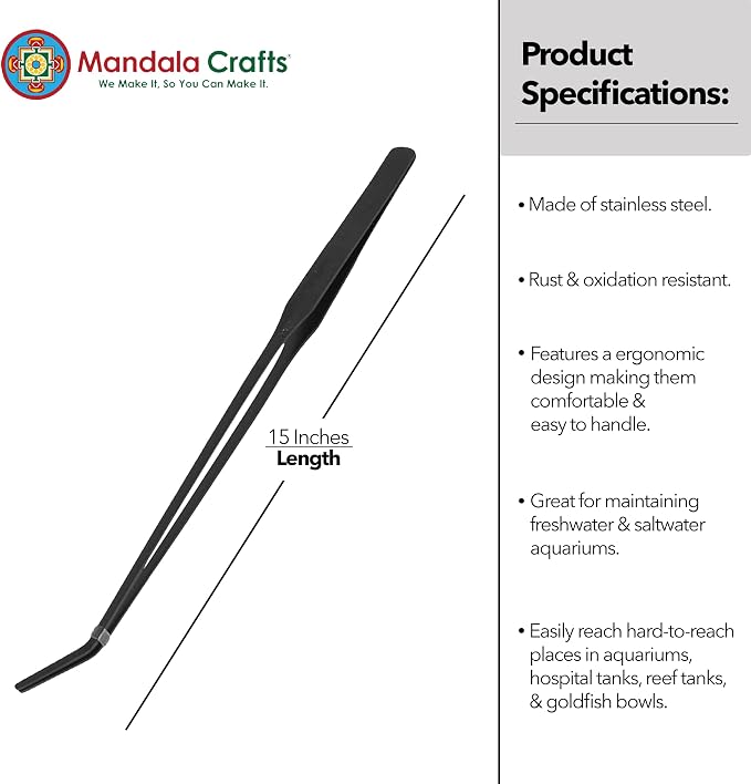 Mandala Crafts 15 Inches Black Stainless Steel Curved Aquarium Tweezers - Image 3