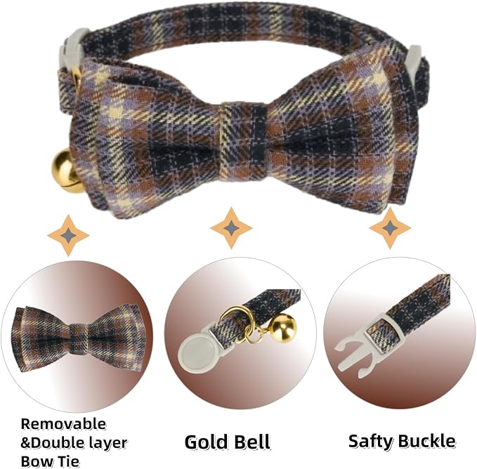 2 Pack Cotton Cat Collar, Removable Bowtie, Plaid Pattern, Safety Breakaway - Image 6