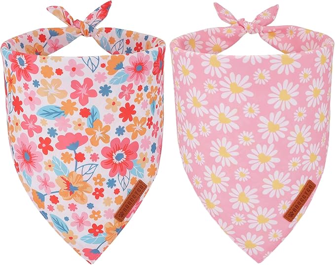 ADOGGYGO Floral Dog Bandana 2 Pack, Reversible Pink Daisy Puppy Scarf Bib by ADOGGYGO