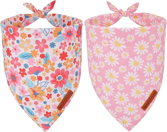 ADOGGYGO Floral Dog Bandana 2 Pack, Reversible Pink Daisy Pet Scarf Bib by ADOGGYGO