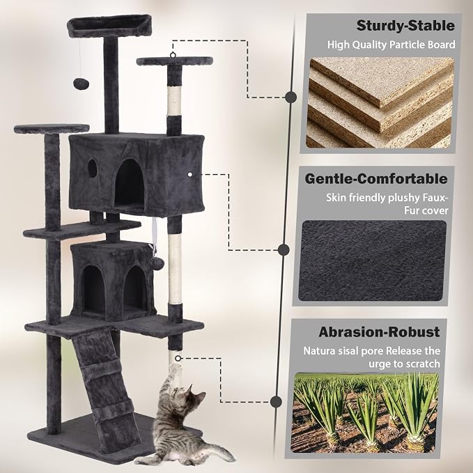 Heavy Duty Cat Tree Tower, Cat Condo, Hanging Ball, Light Grey - Image 3