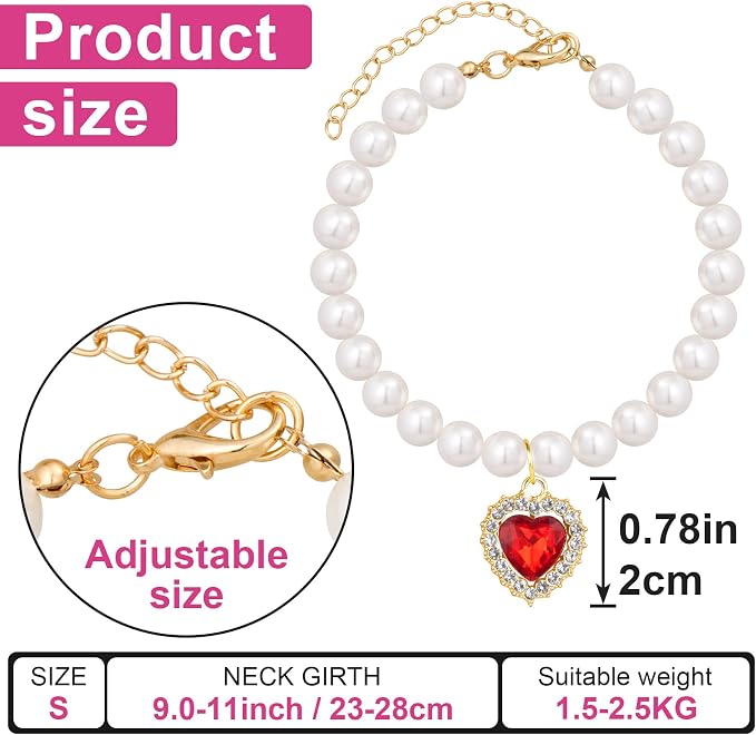 2pcs Pearl Collar for Cat Puppy, Small Cute Heart Shape Rhinestone Pet Necklace - Image 2