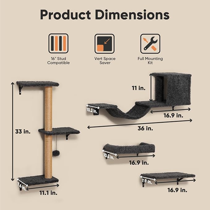 FUKUMARU Cat Wall Shelves, Stable & Safe 4 in 1 Cat Furniture Set, Wooden - Image 5