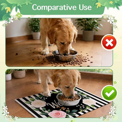 Pet Feeding Mat 24" x 16" Floral Stripe Welcome Design Non Slip Dog Food Mat - Image 7