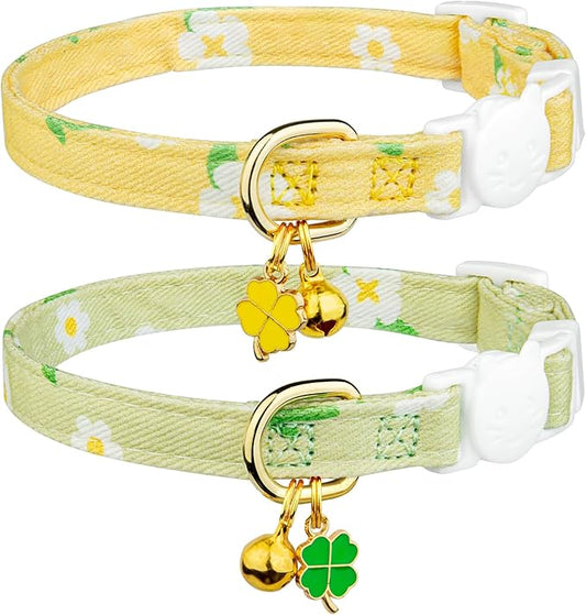 2 Pack Cotton Breakaway Cat Collar Green and Yellow Flowers Pendant Cute Kitten by Fyeqyaou