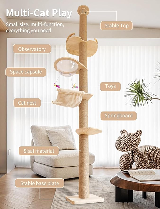 Floor-to-Ceiling Cat Tree with Natural Sisal Rope Scratching Post - Image 4