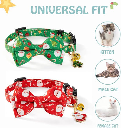 Christmas Cat Collar with Cute Bow Tie Bell 2Pack Red Green Santa Claus - Image 4
