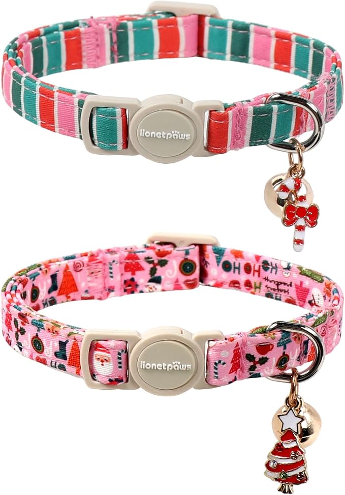 Lionet Paws 2pcs Pack Christmas Cat Collar, Ho Christmas Tree & Pink Stripes by lionetpaws